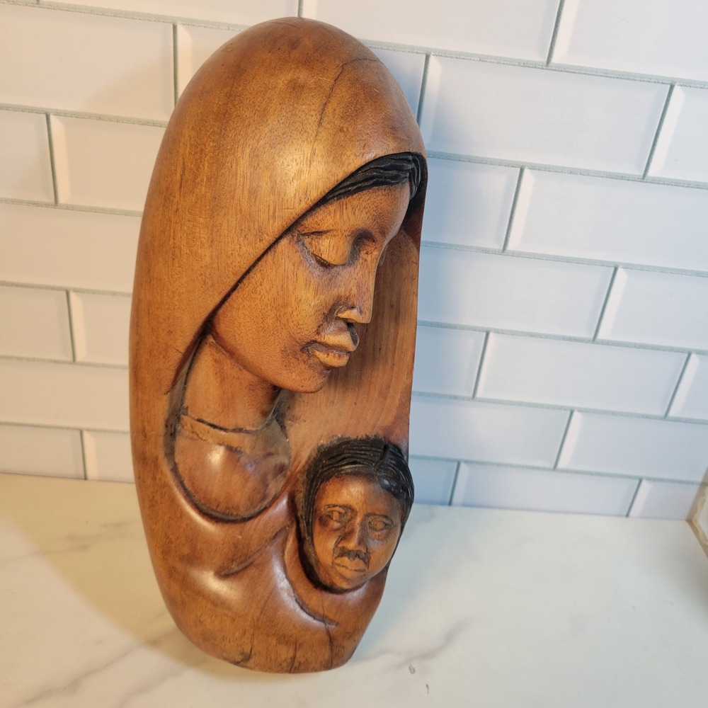 Vintage African Hand Carved Wooden Statue Madonna Mother & Child 12"